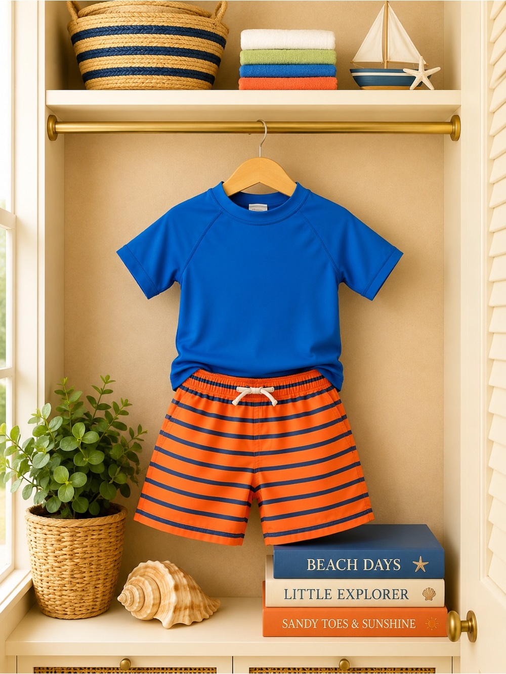 Hanna Andersson Blue Rash Guard with Orange & Navy Stripe Swim Shorts